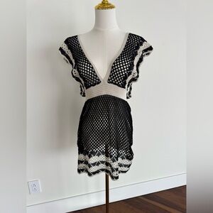 Vintage Black & Cream Crochet Swim Cover-Up Dress | Size S | Open Knit